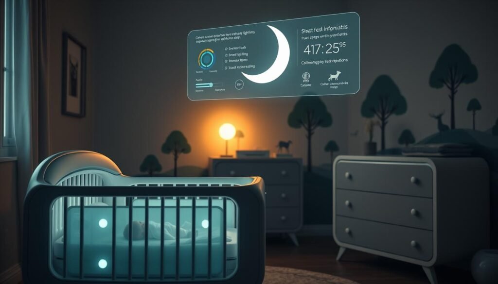 A peaceful nursery at night, softly illuminated by a crescent moon through the window. In the foreground, a futuristic crib with glowing panels and sensors, monitoring an infant's sleep patterns and vital signs. Floating above the crib, a holographic display showcases sleep data and personalized recommendations. In the middle ground, a sleek, minimalist dresser with integrated smart features, controlling ambient lighting, temperature, and sound. The background features a soothing, nature-inspired mural, with stylized trees and wildlife, creating a calming, serene atmosphere conducive to healthy, restorative sleep.