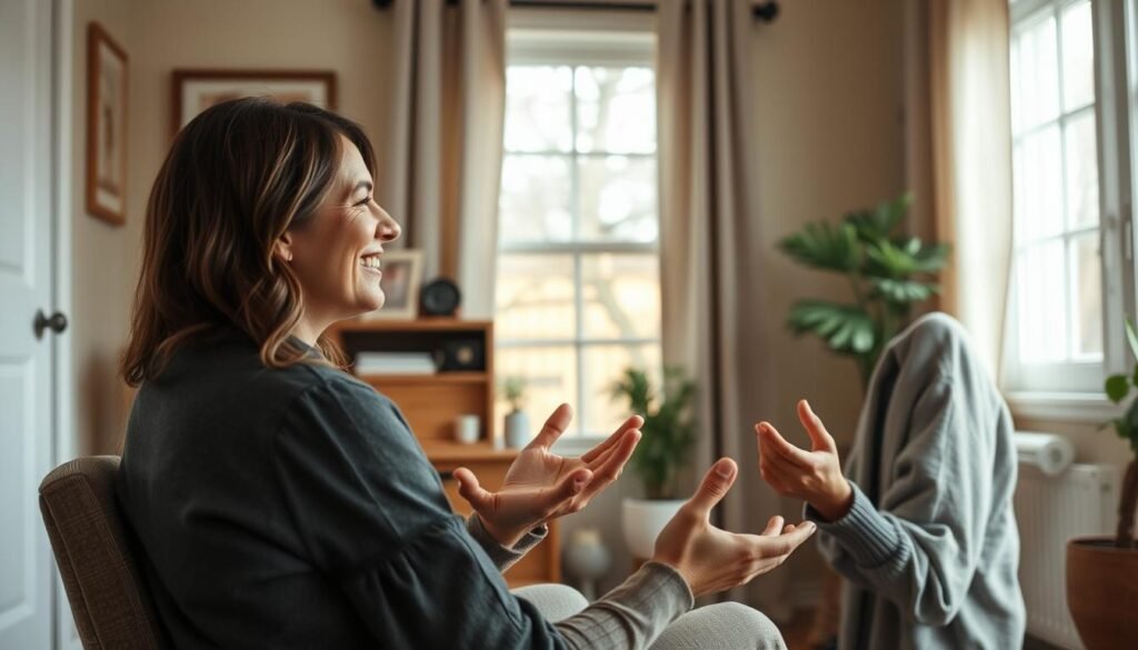 A professional counselor sitting in a cozy, well-lit home office, warmly welcoming a young mother seeking guidance on managing sleep deprivation during her baby's early months. The counselor's face exudes empathy and understanding, creating an atmosphere of trust and comfort. The room features soothing earth tones, natural lighting, and minimal, functional decor, prioritizing the mother's emotional needs. The counselor's body language is open and inviting, conveying a sense of reassurance and support. The overall scene reflects a safe, nurturing space where the mother can openly discuss her challenges and receive professional expertise to navigate this challenging period of new parenthood.
