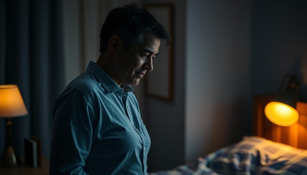 A professional seeking to help a child struggling with sleep issues, standing in a cozy, dimly lit room. Warm lighting from a bedside lamp illuminates their compassionate expression as they lean in, ready to listen and provide guidance. The child's bed is visible in the background, inviting and comforting. The scene conveys a sense of trust, understanding, and the expertise needed to address the child's sleep disturbances effectively.