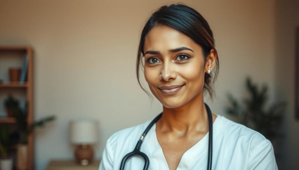 A professional seeking to provide mental health support, standing in a tranquil, well-lit office. Their expression is calm and empathetic, conveying a sense of understanding and a willingness to listen. The background features soothing neutral tones and minimal decor, creating a serene environment conducive to open and honest conversation. Soft, diffused lighting illuminates the scene, evoking a sense of comfort and safety. The overall composition and mood aim to convey the professionalism, expertise, and compassion associated with seeking professional help to address night terrors or nightmares.