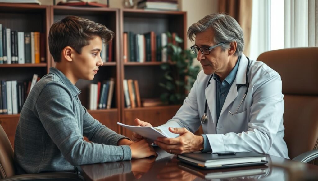 A professional sleep specialist sitting at a desk, intently listening to a young patient describe their sleep issues. The office is warm and inviting, with soft lighting and soothing earth-toned decor. The specialist's face exudes empathy and care as they take detailed notes, ready to provide personalized guidance. In the background, a bookshelf filled with medical references and sleep-related resources hints at their expertise. An aura of trust and understanding pervades the scene, conveying the importance of seeking professional help for improved sleep health.