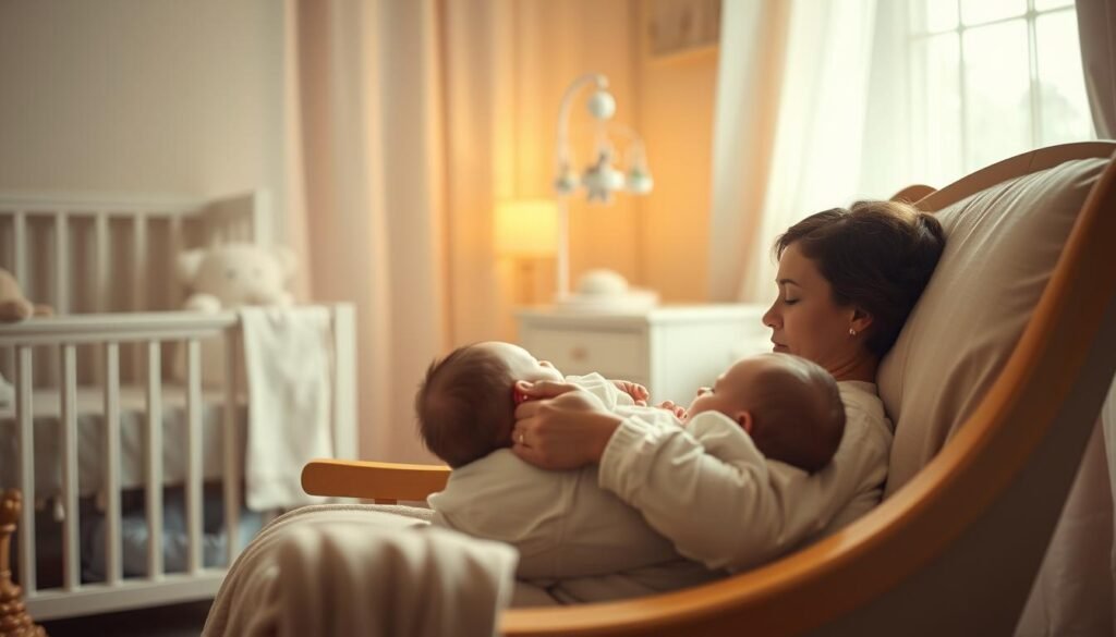 A serene and cozy nursery setting, with a mother breastfeeding her infant in a comfortable rocking chair. The room is filled with soft, warm lighting, creating a peaceful and nurturing atmosphere. In the background, a soothing mobile or other sleep-inducing elements are visible, suggesting the calming influence of breastfeeding on the baby's sleep cycle. The mother's gaze is gentle and attentive, conveying the deep connection and bond between them. The scene evokes a sense of tranquility, emphasizing how breastfeeding can act as a natural regulator for the infant's sleep patterns.