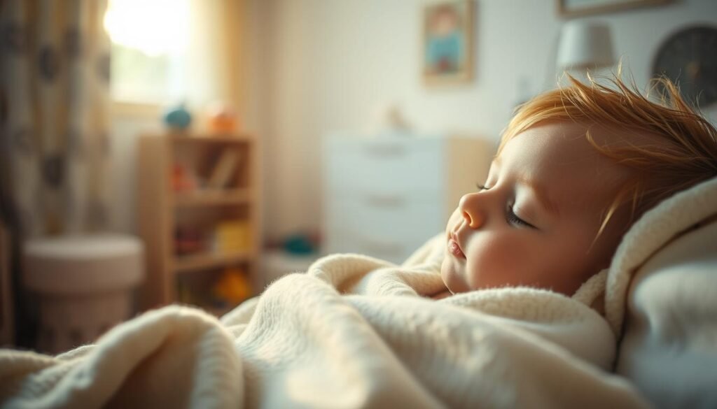 A serene and peaceful scene of a young child with special needs resting peacefully during their afternoon nap. In the foreground, the child is nestled in a cozy blanket, their face relaxed and content. Soft, warm lighting filters through the window, casting a gentle glow on the scene. In the middle ground, a bookshelf and a few toys are visible, creating a comforting and familiar environment. The background is blurred, suggesting a calm and quiet space, perhaps a bedroom or a dedicated nap area. The overall atmosphere is one of tranquility and care, reflecting the importance of rest for children with special needs.