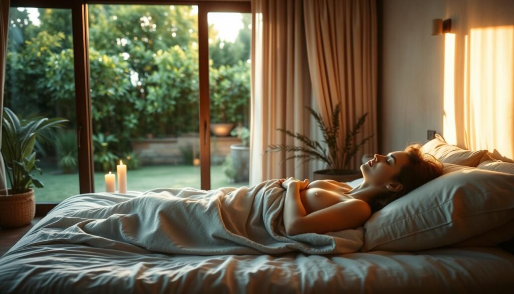A serene and tranquil bedroom scene, bathed in soft, warm lighting. In the foreground, a person relaxing on a plush, inviting bed, wrapped in a cozy blanket, their eyes closed in peaceful meditation. Beside them, a nightstand with a few candles flickering, creating a calming ambiance. In the middle ground, a large window overlooking a lush, verdant garden, with sunlight gently filtering through sheer curtains. The background features soothing neutral tones, with hints of natural textures like wood and woven fabrics, promoting a sense of harmony and relaxation. The overall atmosphere is one of comfort, mindfulness, and restorative sleep.