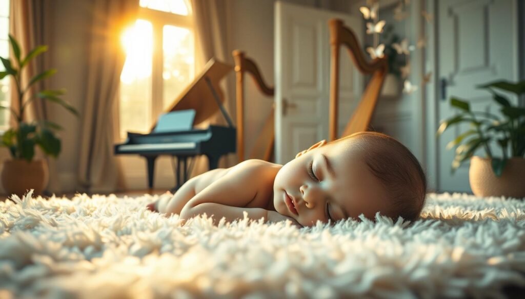 A serene baby sleeping peacefully on a soft, plush rug in a sunlit nursery. Soft classical music plays in the background, with a grand piano and harp visible through an open doorway. Warm, golden lighting from large windows bathes the scene in a calming glow. The baby's face is tranquil, with a gentle, content expression. Muted, pastel colors create a soothing, dreamlike atmosphere. Lush, verdant houseplants and a mobile of delicate butterflies add natural elements. The composition is balanced, with the baby as the focal point, surrounded by the harmonious, relaxing environment.