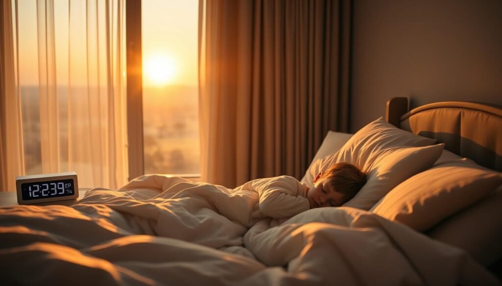 A serene bedroom scene, bathed in soft, warm lighting. In the foreground, a young child peacefully slumbering in a cozy bed, surrounded by plush bedding and pillows. The middle ground features a nightstand with a digital clock displaying the recommended sleep duration for the child's age. In the background, a tranquil landscape visible through a large window, with a gently setting sun casting a golden glow. The overall atmosphere radiates a sense of comfort, security, and the importance of adequate sleep for a child's well-being.