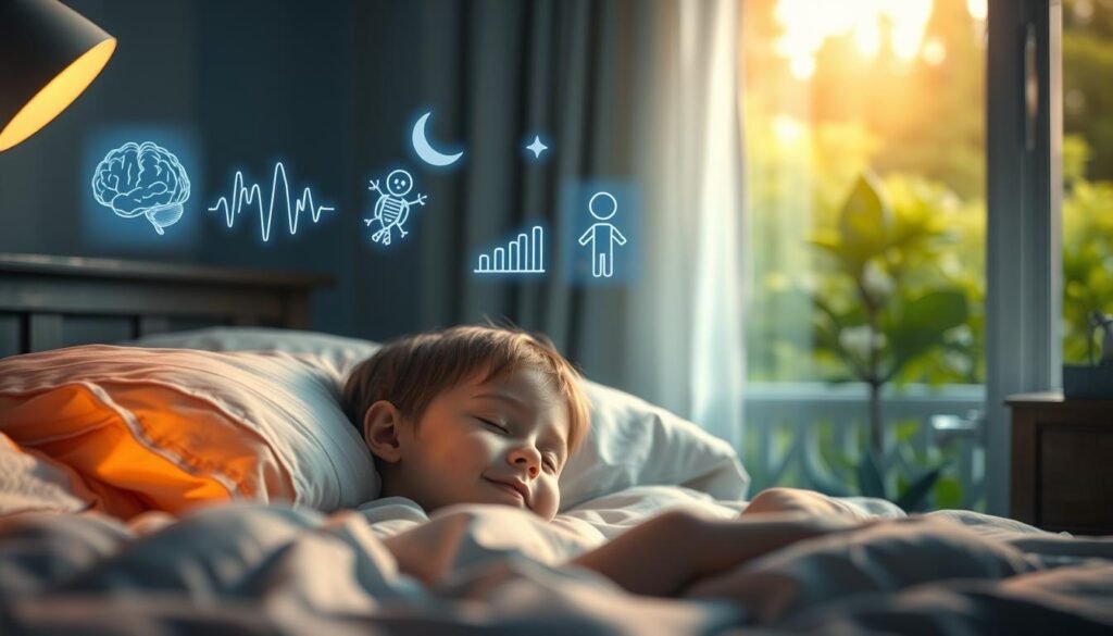 A serene bedroom scene depicting the profound impact of sleep on children's health. In the foreground, a young child peacefully slumbering, their face relaxed and content. Soft, warm lighting bathes the scene, creating a cozy, nurturing atmosphere. The middle ground features subtly glowing symbols representing the vital restorative processes of sleep - brain waves, immune system, and growth hormones. In the background, a lush, verdant landscape symbolizes the lush, thriving health that results from adequate, high-quality sleep. The overall composition conveys the profound importance of sleep for a child's physical, mental, and emotional wellbeing.