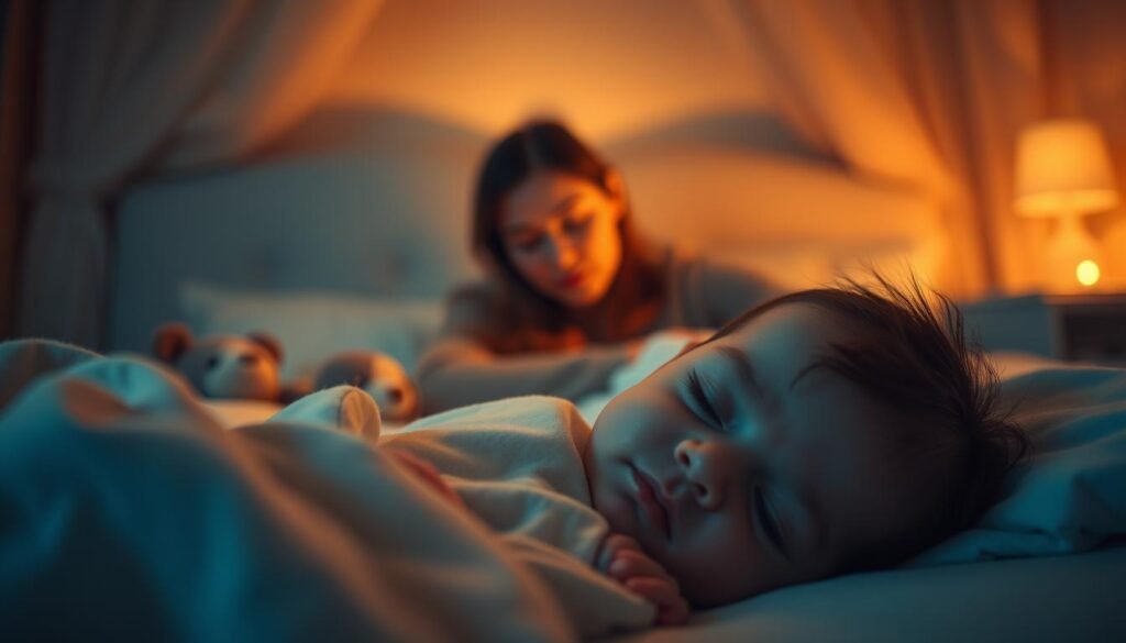 A serene bedroom scene illuminated by warm, diffused lighting. In the foreground, a baby sleeping peacefully, their face softly lit, surrounded by cozy bedding and plush toys. In the middle ground, a parent watching over the child, their gaze filled with tenderness. The background features a muted, calming color palette, with subtle textural elements like a patterned rug or curtains to add depth and visual interest. The overall atmosphere conveys a sense of tranquility and the natural rhythm of the child's sleep cycle.
