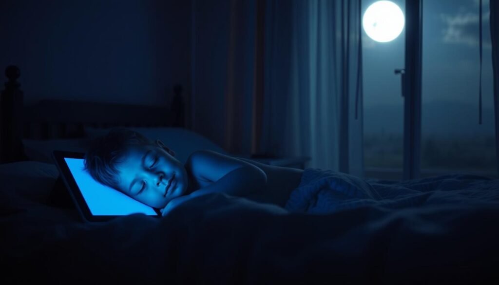 A serene child's bedroom at night, soft moonlight filtering through sheer curtains. In the foreground, a young child peacefully sleeping, their face aglow from the blue-tinged light of a nearby tablet screen. The middle ground reveals distorted shadows cast by the device, symbolizing the disruptive impact of late-night screen usage. In the background, a hazy, dreamlike landscape suggests the child's lost connection to natural sleep cycles. Subtle chromatic aberration and a shallow depth of field evoke a sense of unease, while muted tones convey the tranquility interrupted by technology's influence on this sacred space.