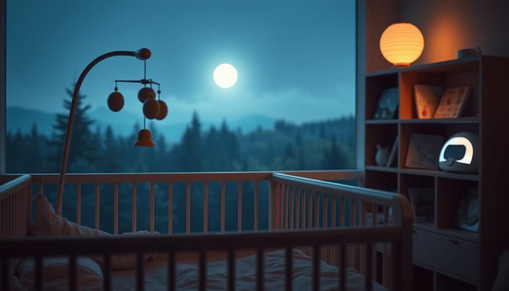 A serene, dimly lit nursery scene. In the foreground, a cozy crib with plush bedding and a mobile of gentle, swaying shapes. In the middle ground, a bookshelf with soothing natural-themed children's books and a sound machine softly playing nature sounds. The background is a tranquil landscape, with a moonlit forest and a glowing night sky. Soft, warm lighting bathes the room, creating a calming atmosphere. The scene conveys a sense of peace and comfort, suggesting alternatives to white noise that can help a baby sleep peacefully.