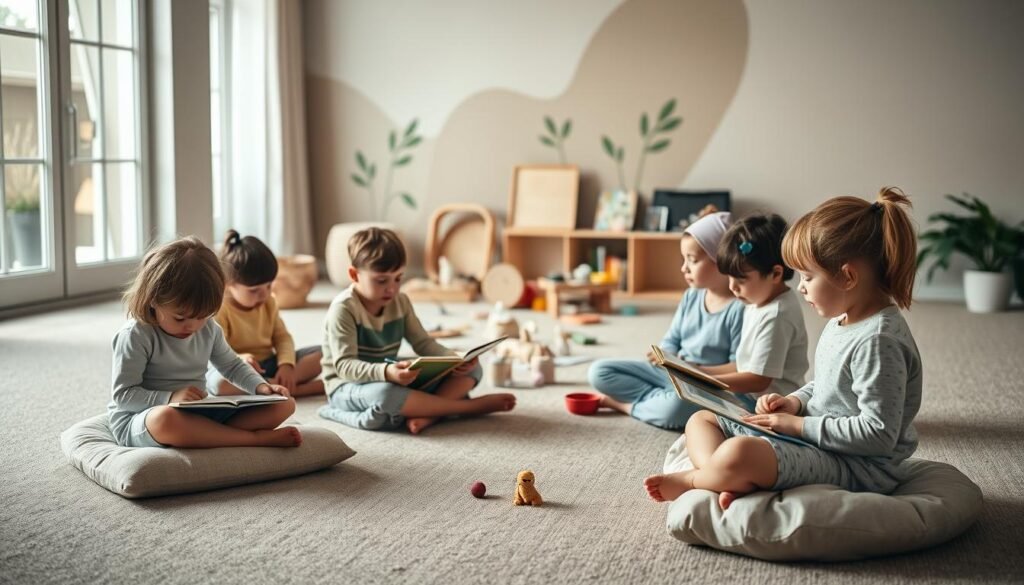 A serene indoor setting with a carpeted floor and soft lighting from natural windows. In the foreground, a group of children sitting cross-legged on cushions, engaged in calming activities such as drawing, playing with modelling clay, or reading storybooks. The children's expressions are relaxed and focused, their body language conveying a sense of tranquility. In the middle ground, a selection of soothing toys, books, and art supplies are neatly arranged, creating a comfortable and inviting atmosphere. The background features muted, earthy tones, perhaps with the suggestion of greenery or a nature-inspired mural, further enhancing the calming ambiance. The overall scene evokes a peaceful, nurturing environment where anxious children can find solace and engage in activities that soothe the mind.