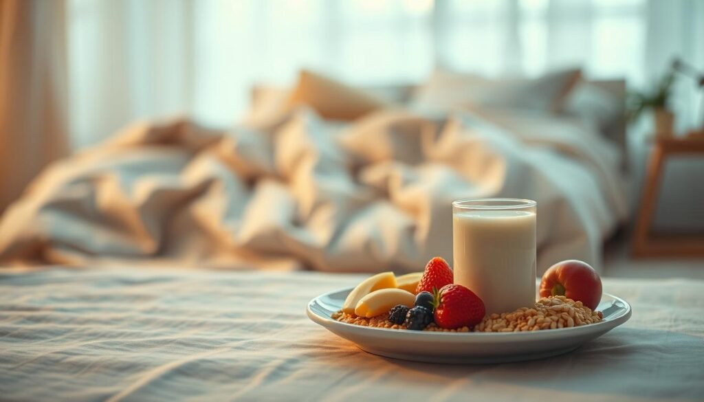 A serene, minimalist scene depicting the importance of nutrition and sleep. In the foreground, a delicate plate of healthy, nourishing foods - fresh fruits, whole grains, and a glass of warm milk. In the middle ground, a cozy, comfortable bed with plush bedding and pillows, inviting rest and relaxation. The background is softly blurred, evoking a sense of tranquility and peace. Gentle, warm lighting casts a soothing glow, creating an atmosphere of calm and rejuvenation. The overall composition conveys the symbiotic relationship between proper diet and quality sleep, essential for the well-being of a growing baby.