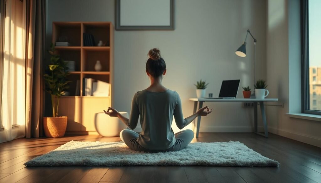 A serene morning scene depicting the daily habits that support mental well-being. A person sitting cross-legged on a plush rug, practicing mindful meditation, bathed in soft, warm lighting from a large window. In the background, a tidy, minimalist workspace with a laptop, a potted plant, and a mug of steaming tea. The atmosphere is one of calm focus and intentionality, reflecting the importance of grounding daily routines for maintaining mental health, even during challenging times.