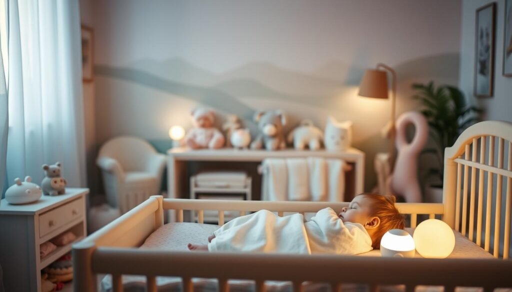 A serene nursery scene bathed in soft, warm lighting. In the foreground, a cozy crib with a sleeping infant, surrounded by soothing white noise devices emitting a calming, ambient hum. The middle ground showcases a range of baby-safe accessories and toys, all in pastel hues, creating a harmonious and relaxing atmosphere. The background features a tranquil, nature-inspired mural, with gentle rolling hills and a calming color palette. The overall composition conveys the peaceful, rejuvenating benefits of white noise for a baby's restful sleep.