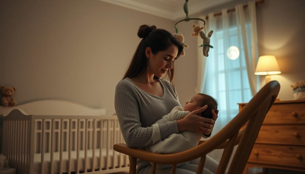 A serene nursery scene with a cozy rocking chair, soft lighting, and a sleeping baby. In the foreground, a mother gently rocks the child, their faces lit by the warm glow of a bedside lamp. Plush toys and a mobile hang above the crib, creating a soothing, dreamlike atmosphere. The background features a muted, pastel-toned wall, with a wooden dresser and a tranquil, moonlit window. The overall mood is one of comfort, intimacy, and the quiet transition from wakefulness to sleep.