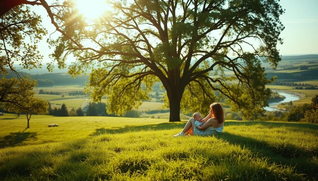 A serene outdoor scene with a mother and her child relaxing in a lush, verdant environment. The foreground depicts the pair sitting comfortably on a soft, grassy knoll, with the mother gently cradling her child. Warm, diffused sunlight filters through the canopy of mature trees in the middle ground, casting a gentle glow across the tranquil setting. In the background, a picturesque landscape unfolds, with rolling hills, a meandering stream, and a distant horizon. The overall atmosphere is one of natural harmony, comfort, and contentment, evoking a sense of calm and relaxation.