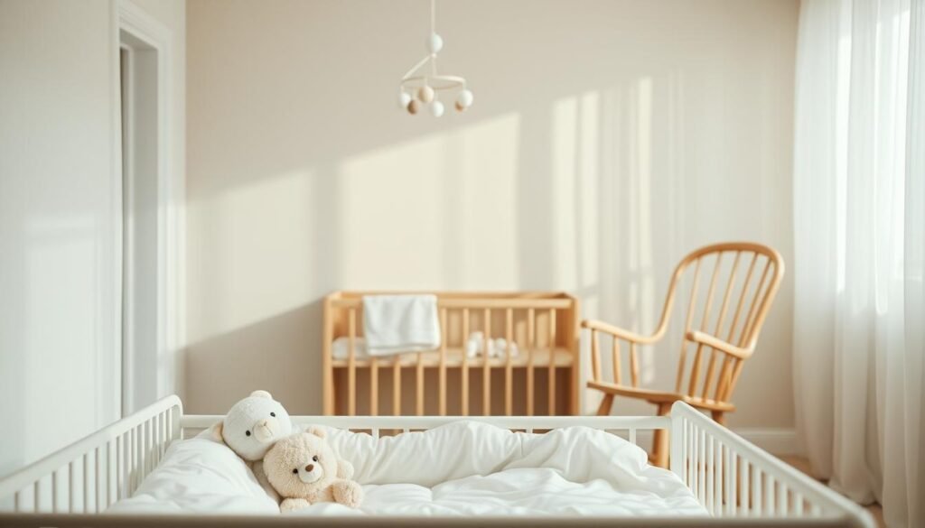 A serene, pastel-hued nursery scene. In the foreground, a cozy crib with soft, cloud-like bedding and a plush, cuddly stuffed animal. Beside it, a wooden rocking chair, inviting for gentle lullabies and soothing rocking. The middle ground features a mobile above the crib, its delicate shapes gently spinning, casting tranquil shadows. In the background, a muted color palette of neutral tones - soft greens, muted blues, and warm beiges - creating a calming, restful atmosphere. Natural light filters in through sheer, gauzy curtains, imbuing the room with a gentle, dreamlike glow. An overall sense of peace, comfort, and nurturing for a peaceful sleep.