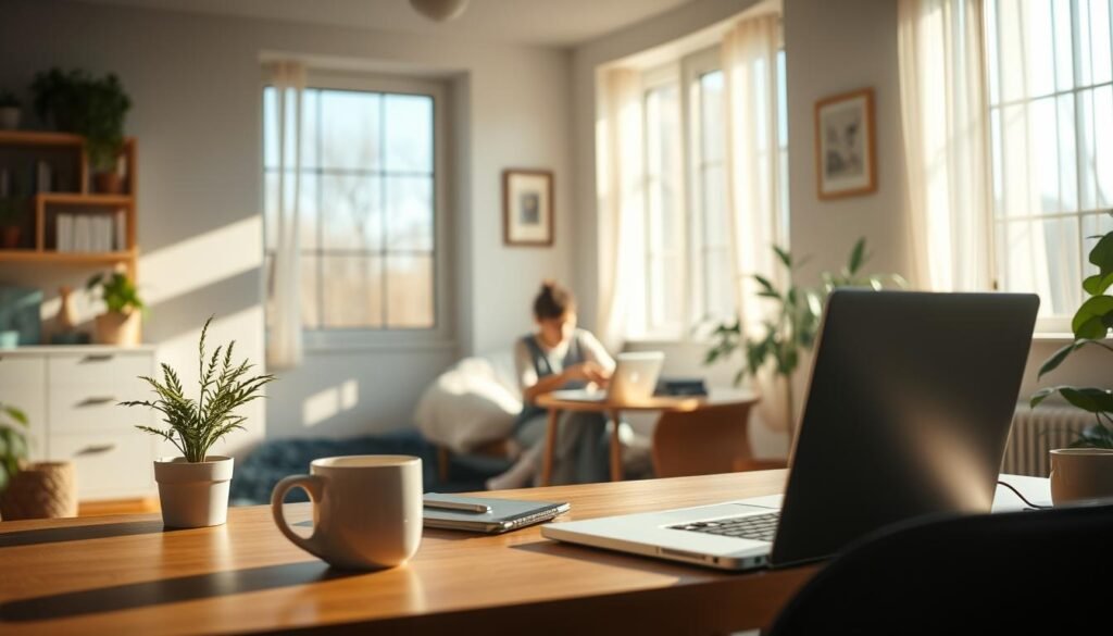 A serene, sun-dappled office scene depicting the benefits of consistent sleep routines. In the foreground, a desk with a laptop, potted plant, and a mug of coffee, all bathed in warm, natural light filtering through large windows. The middle ground showcases a person sitting at the desk, radiating a sense of focus and productivity. The background features a cozy, minimalist interior design, hinting at a harmonious living space. Subtle hues of blues and greens create a calming atmosphere, underscoring the importance of maintaining a consistent sleep schedule for optimal daytime performance.