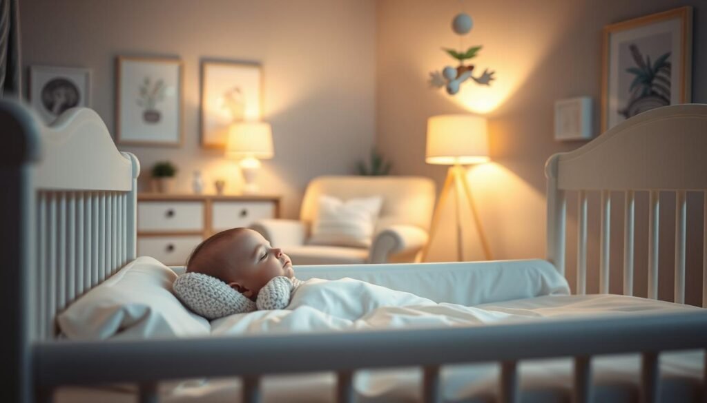 A serene, tranquil scene of a peaceful nursery, illuminated by the soft glow of a warm, ambient light. In the foreground, a cozy crib with crisp, white linens and a plush, stuffed animal resting gently. In the middle ground, a comfy armchair invites the viewer to sit and observe the slumbering infant, their peaceful expression conveying the restorative power of an ideal nap. The background features muted pastel hues, calming wall art, and a soothing, nature-inspired mobile suspended above the crib, lulling the child into a restful sleep. The overall composition evokes a sense of calm, balance, and the crucial importance of an infant's optimal sleep duration for healthy development.