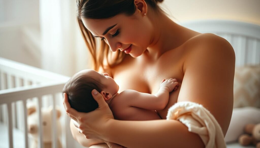 A serene, warm-lit nursery scene showcasing a mother gently cradling her newborn baby in her arms, their skin-to-skin contact radiating a profound bond and sense of comfort. Soft, diffused lighting bathes the pair in a comforting glow, highlighting the delicate features of the child and the gentle, nurturing expression on the mother's face. The background is subtly blurred, keeping the focus on the intimate, affectionate moment between parent and child. Subtle textures in the fabrics and the baby's skin add depth and tactility to the image, conveying the soothing, calming effects of physical touch and closeness.