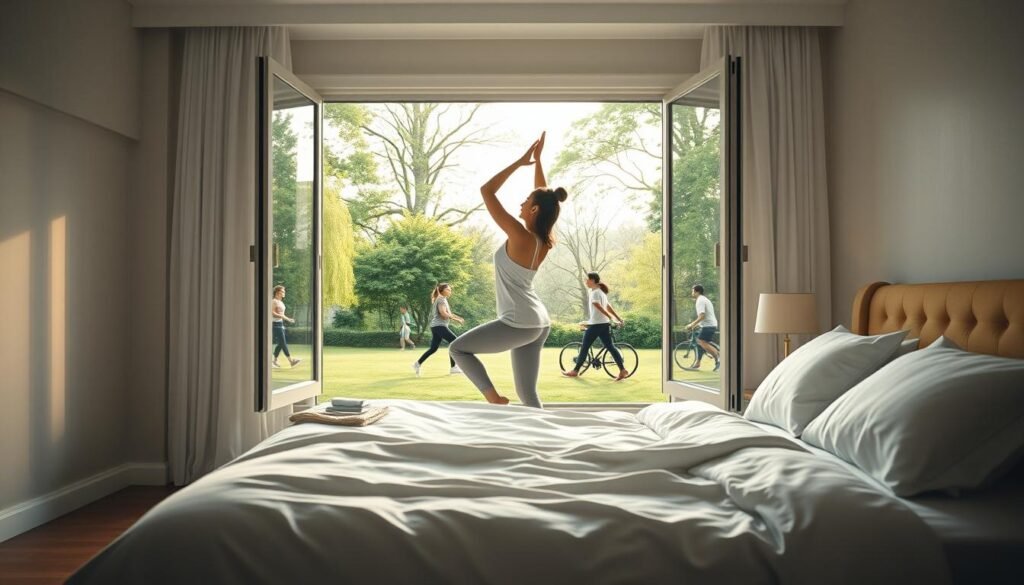 A serene, well-lit bedroom with an open window overlooking a lush, verdant park. In the foreground, a person is performing gentle yoga poses, their movements graceful and focused. Soft, warm lighting bathes the scene, creating a calming atmosphere. In the middle ground, a plush, inviting bed stands ready, its crisp white linens and fluffy pillows suggesting a restful night's sleep. The background features the peaceful park, with trees swaying in a gentle breeze and the faint silhouettes of joggers and cyclists engaged in various physical activities. The overall mood is one of balance, wellness, and the harmonious relationship between physical exercise and quality sleep.