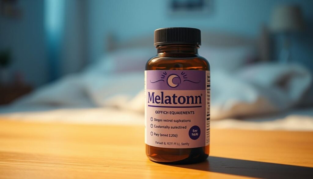 A softly lit close-up of a bottle of melatonin supplements, resting on a wooden surface. The bottle is positioned in the foreground, with a blurred background of calming, pastel-toned bedroom decor, hinting at the restorative function of melatonin for sleep. Warm, natural lighting casts a subtle glow on the bottle, drawing the viewer's attention to the label and contents. The overall mood is serene and inviting, reflecting the role of melatonin in promoting healthy sleep patterns, particularly for children.