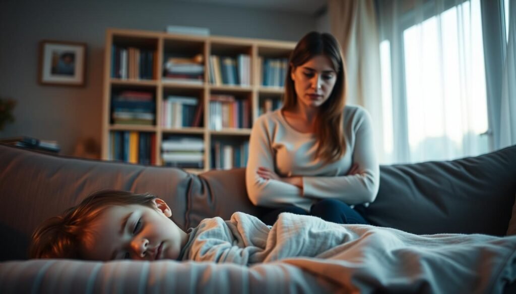 A softly lit family living room at dusk, with a young child sleeping peacefully on a couch. In the foreground, two concerned parents stand beside the child, expressions of worry and uncertainty etched on their faces. The middle ground features a bookshelf filled with parenting guides, a subtle hint at the parents' struggle to navigate the challenges of their child's sleep regression. The background is blurred, creating a sense of focus on the intimate family scene. The overall tone is somber, capturing the apprehension and frustration that parents often experience during this developmental phase.