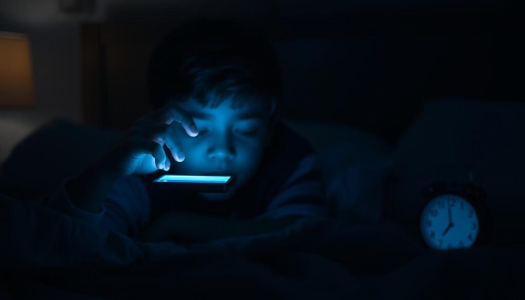 A tranquil bedroom at night, the soft glow of a smartphone illuminating a child's face as they struggle to fall asleep. In the foreground, the device hovers ominously, its blue-tinted light disrupting the natural sleep cycle. In the middle ground, an unseen clock ticks away, reminding us of the precious time being lost. The background fades into darkness, symbolizing the detrimental impact of screen time on the restorative power of sleep. Subdued lighting casts dramatic shadows, conveying the weight of this issue. The overall mood is one of concern and unease, urging the viewer to consider the relationship between technology and healthy sleep habits.