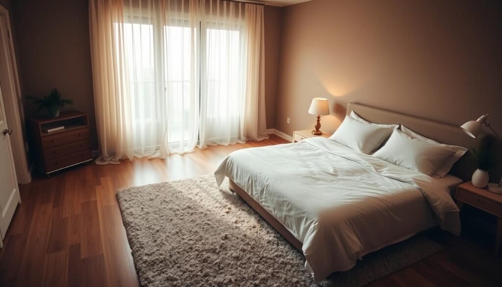 A tranquil, cozy bedroom with soft, warm lighting filtering through sheer curtains. A plush, neutral-toned rug covers the hardwood floor, and a large, comfortable bed with crisp, white bedding takes center stage. On the nightstand, a small lamp casts a gentle glow, and a potted plant adds a touch of nature. The walls are painted in a soothing, earthy tone, creating a calming, sanctuary-like atmosphere. The overall mood is one of serenity and relaxation, inviting the viewer to unwind and recharge.