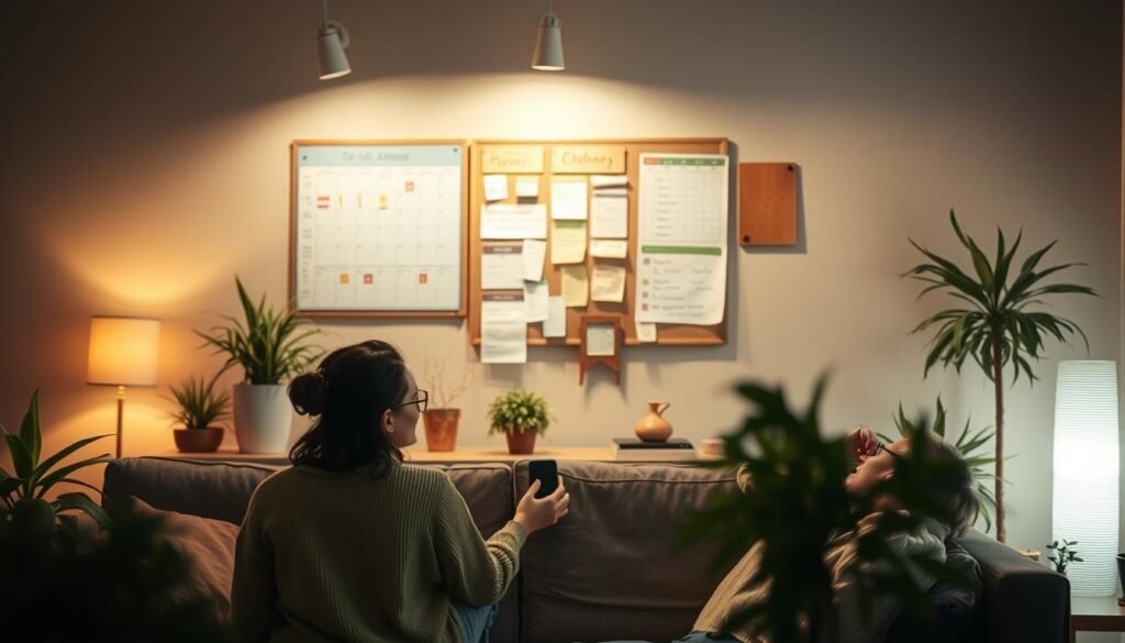 A tranquil evening scene, illuminated by warm, soft lighting. In the foreground, a couple sits together on a couch, engaged in a thoughtful discussion. Their body language suggests a sense of collaboration and mutual understanding. In the middle ground, a well-organized bulletin board displays schedules, to-do lists, and reminders, hinting at the benefits of effective planning. The background depicts a cozy, inviting living space, with plants and personal touches that create a sense of comfort and harmony. The overall atmosphere conveys the positive outcomes of a well-coordinated nighttime routine, fostering a peaceful and productive partnership.