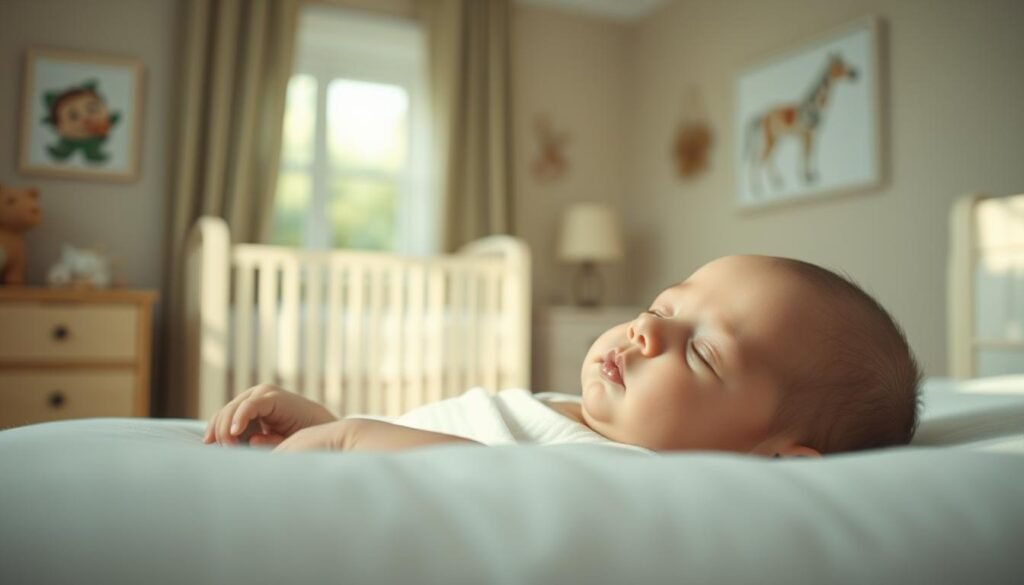 A tranquil, intimate scene of a newborn baby's sleeping stages. In the soft foreground, the baby lies peacefully, their delicate features illuminated by a warm, natural light that filters in through a window. The middle ground features a serene, neutral-toned nursery, with a cozy crib and minimal, soothing decor. The background is gently blurred, creating a sense of calm and focus on the sleeping infant. The lighting is gentle, with soft shadows and highlights that accentuate the baby's serene expression. The overall atmosphere is one of peaceful rest and the tender, precious moments of a newborn's slumber.