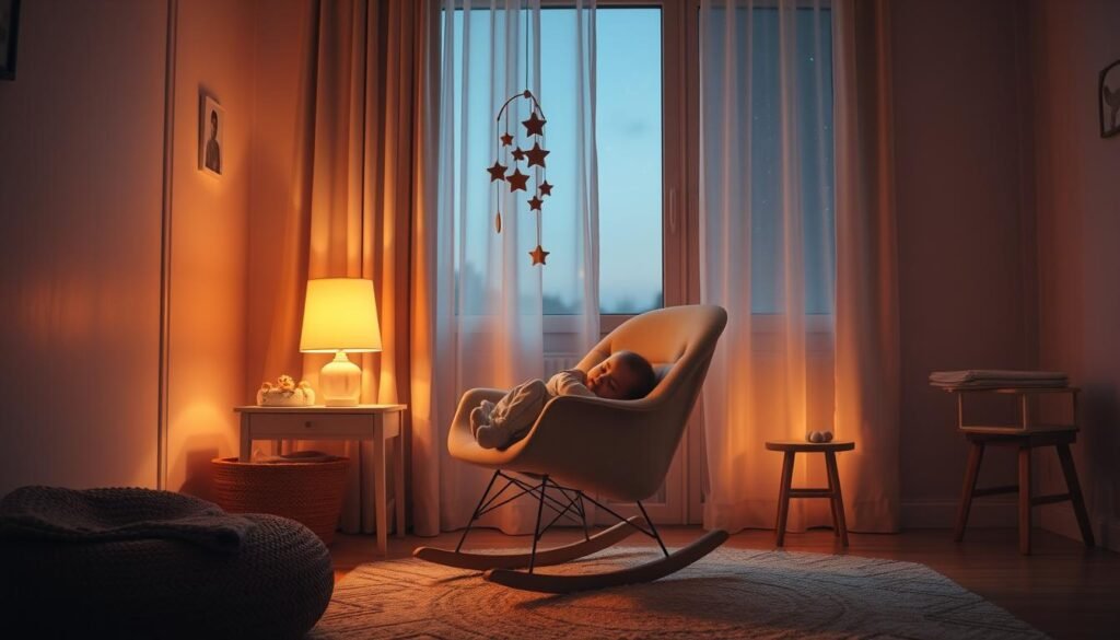 A tranquil nighttime ritual unfolds in a cozy nursery. The warm glow of a table lamp illuminates a rocking chair, where a parent gently sways, cradling a sleeping infant. The room is bathed in a soft, amber hue, casting a comforting atmosphere. A plush rug underfoot and a mobile of celestial shapes dangling overhead create a peaceful, nurturing environment. The window offers a glimpse of a starry night sky, hinting at the calm embrace of the evening. Subtle textures and natural elements, like a woven blanket and a small wooden side table, lend an organic, handcrafted feel to the scene. This serene, intimate moment encapsulates the essence of establishing a restorative nighttime routine for a peaceful baby's sleep.