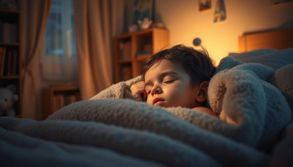 A tranquil nighttime scene featuring a young child peacefully sleeping in a cozy bedroom. The child is tucked snugly under a soft, plush blanket, their face serene and relaxed. Soft, warm lighting filters in through a window, casting a gentle glow on the child's surroundings. In the background, bookshelves line the walls, hinting at a nurturing, educational environment. The overall atmosphere is one of comfort, security, and restful slumber, conveying the sense of strategies to improve a child's sleep.
