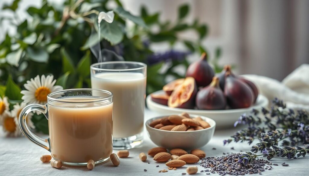 A tranquil still life featuring an assortment of soothing, sleep-promoting foods and beverages. In the foreground, a steaming mug of chamomile tea, a glass of warm milk, and a handful of valerian root capsules. The middle ground showcases a plate of fresh, ripe figs, a bowl of roasted almonds, and a sprinkle of dried lavender. In the background, lush greenery and a soft, diffused lighting evoke a serene, calming atmosphere. The composition is balanced and visually appealing, highlighting the natural, nourishing properties of these relaxing alimentos.