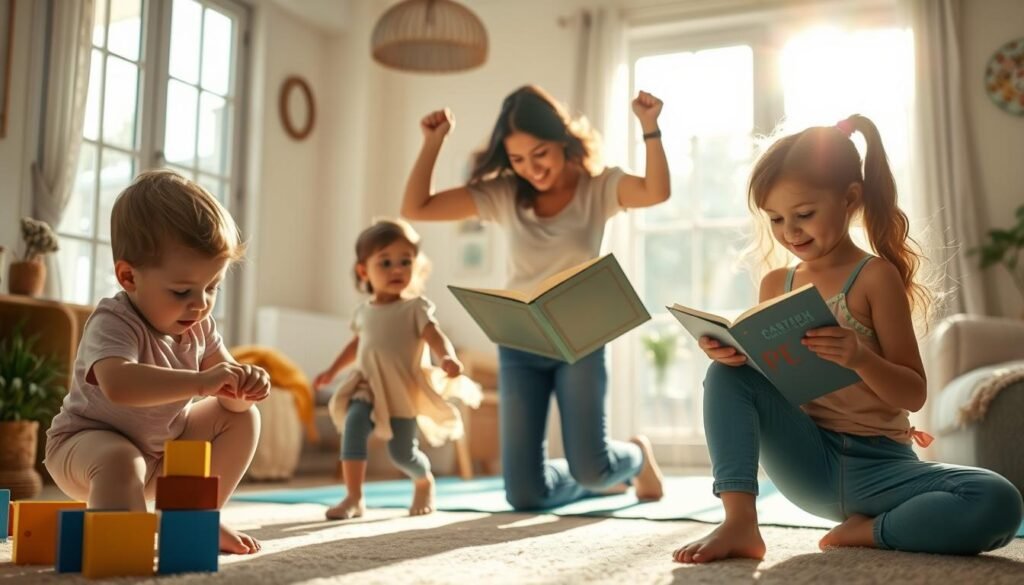 A vibrant, sun-dappled scene of a family's daily activities. In the foreground, siblings of various ages engage in playful movement - a toddler building blocks, a young child skipping rope, an older child reading a book. The middle ground features a parent guiding the children through gentle yoga poses, their expressions serene. In the background, a cozy home interior with large windows allows natural light to spill in, complementing the warm, nurturing atmosphere. The lighting is soft and diffused, creating a calming, peaceful mood. The composition is balanced, drawing the viewer's eye through the layers of the scene.