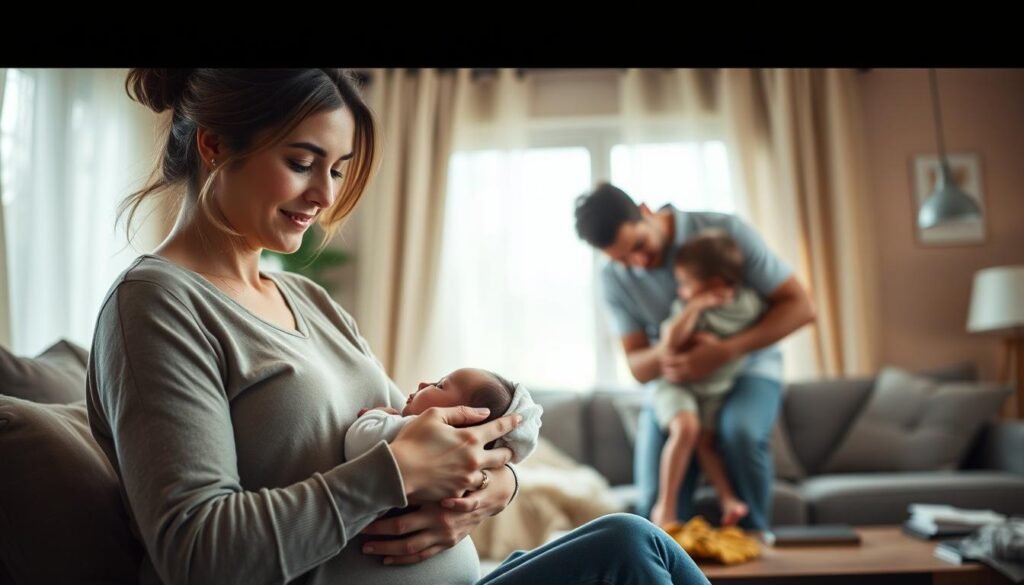 A warm, cozy family scene depicting the impact of breastfeeding on the household routine. In the foreground, a mother gently cradles her infant, their shared moment illuminated by soft, natural lighting. The middle ground shows the father tenderly assisting an older sibling, the family's domestic harmony palpable. In the background, hints of a comfortable living space - plush furnishings, muted colors, and a sense of tranquility - create an atmosphere of familiar, everyday bliss. The composition conveys the peaceful, nurturing essence of this nightly ritual, a window into the evolving dynamics of a family embracing the joys and challenges of early parenthood.