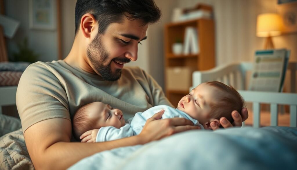 A warm, cozy scene depicting the role of parents in cultivating a secure attachment during sleep training. In the foreground, a parent gently rocking a sleeping infant, their loving gaze radiating tenderness. The middle ground showcases the parent and child nestled in a comfortable nursery, with soft lighting and pastel hues creating a soothing ambiance. In the background, hints of parental guidance materials, like books and charts, suggest the parents' dedication to gentle, evidence-based sleep training. The overall atmosphere conveys the profound connection and trust between the parent and child, central to successful sleep training without distress.