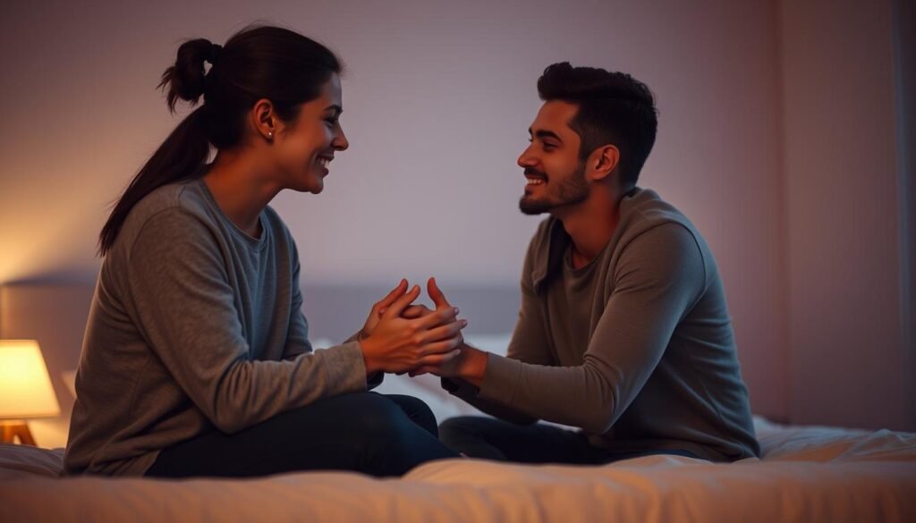 A warm, dimly lit bedroom scene. In the foreground, a couple sits on the edge of the bed, facing each other with open, expressive body language. The woman tenderly holds the man's hands, her gaze filled with empathy and understanding. The man's expression is one of vulnerability and relief, as if sharing a heartfelt moment. The background is softly blurred, creating a sense of intimacy and focus on the emotional connection between the two. Subtle lighting from a bedside lamp casts a gentle glow, lending an atmosphere of comfort and emotional intimacy. The overall mood evokes a palpable sense of empathy, care, and the nurturing of a relationship.