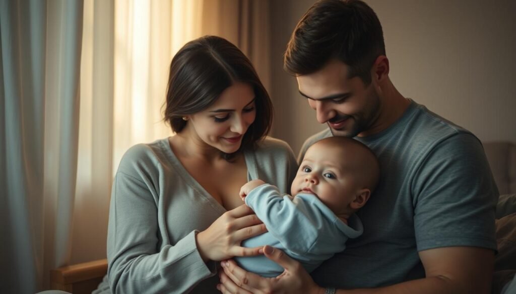 A warm, tender moment between a mother, father, and their young child, set in a cozy, dimly lit room. The parents gently embrace the child, conveying a sense of unwavering support and comfort during the weaning process. Soft, natural lighting filters through sheer curtains, casting a serene, intimate atmosphere. The family's expressions are filled with care and understanding, as they navigate this important transition together. The overall scene radiates a feeling of love, patience, and the invaluable role of family in a child's development.