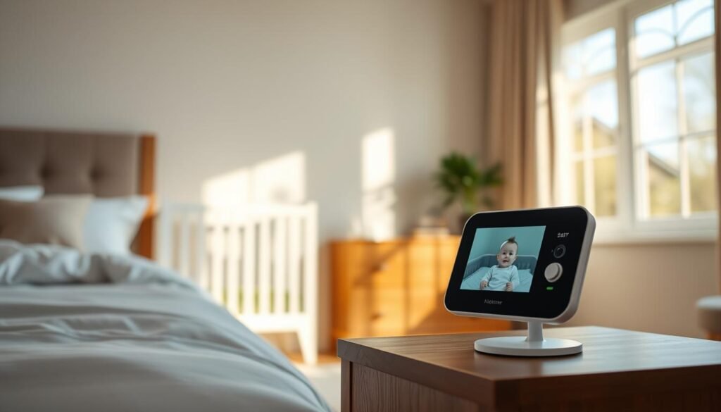 A well-lit bedroom with a modern, sleek baby monitor prominently displayed on a wooden nightstand. The monitor's screen shows a live feed of a cozy crib, its soft lighting casting a gentle glow. In the background, a large window allows natural sunlight to flood the space, creating a warm and inviting atmosphere. The room is tastefully decorated with neutral tones and minimal furnishings, emphasizing the importance of the temperature monitoring device. The overall scene conveys a sense of parental care and attention to creating the ideal sleep environment for a newborn.