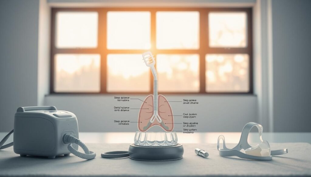 A well-lit, high-resolution image of various sleep apnea treatment options displayed in a clean, minimalist medical setting. In the foreground, a CPAP machine, dental appliance, and nasal mask are neatly arranged against a soft, gray backdrop. The middle ground features a simplified anatomical diagram of the upper respiratory system, illustrating the effects of sleep apnea. In the background, a large window floods the scene with warm, natural light, creating a calming, professional atmosphere. The overall composition conveys a sense of informative clarity and medical authority suitable for a patient education resource.