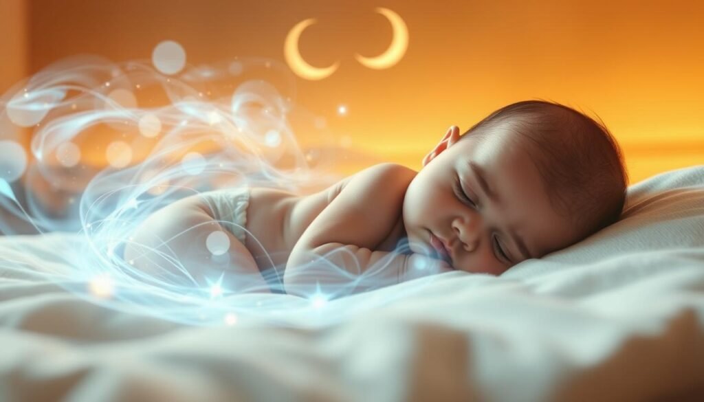 A whimsical, dreamlike scene depicting the impact of developmental leaps on a baby's sleep. In the foreground, a sleeping infant surrounded by a swirling, ethereal energy field, representing the disruption of their sleep cycle. The middle ground features abstract, glowing shapes and wisps of color, suggesting the cognitive and physical changes happening within the child. In the background, a soft, hazy landscape with a crescent moon and twinkling stars, conveying a sense of tranquility and wonder. Warm, diffused lighting casts a gentle glow, creating an atmosphere of peaceful introspection. Captured with a wide-angle lens to emphasize the expansive, imaginative nature of this impactful moment.