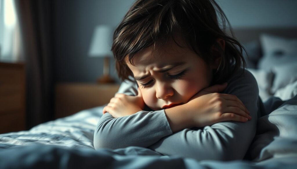 A young child curled up on a bed, eyes closed tightly, brow furrowed in distress. Soft, muted lighting casts shadows across the scene, creating a sense of unease and vulnerability. In the background, blurred shapes and forms suggest a bedroom, but the focus remains solely on the child's expression of profound anxiety. The image conveys the overwhelming emotions and inner turmoil often experienced by children struggling with anxiety, capturing the essence of the section title "Aumento da ansiedade e estresse em crianças".