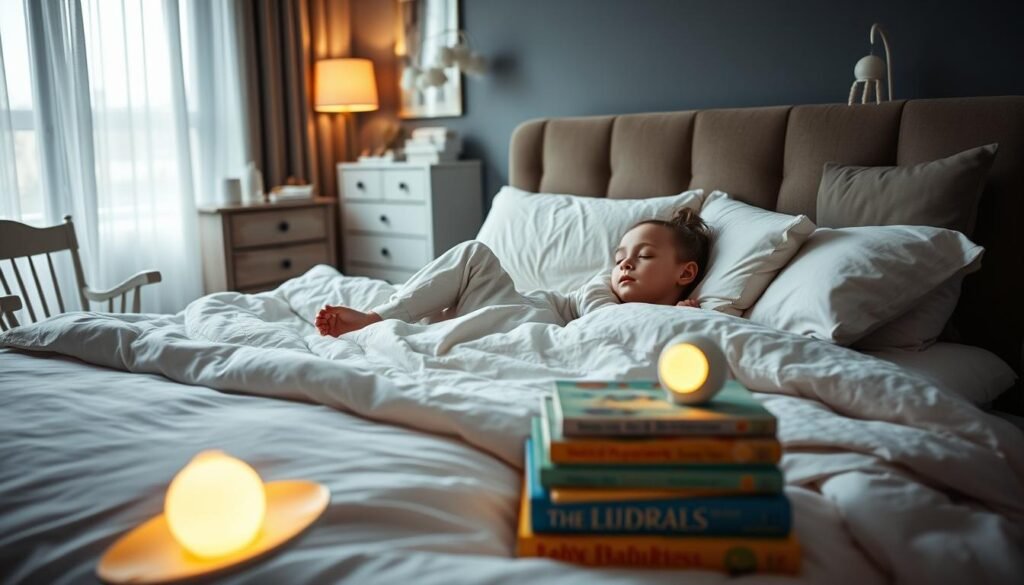 Cozy family bedroom with a large bed, soft bedding, and plush pillows. A mother and child peacefully sleeping side-by-side, gentle lighting filtering through the curtains. In the foreground, a stack of children's books and a nightlight casting a warm glow. The background features a dresser with baby items, a rocking chair, and a mobile hanging above the bed, creating a serene, nurturing atmosphere. The overall scene conveys the comfort and safety of the co-sleeping arrangement, tailored to the family's needs.