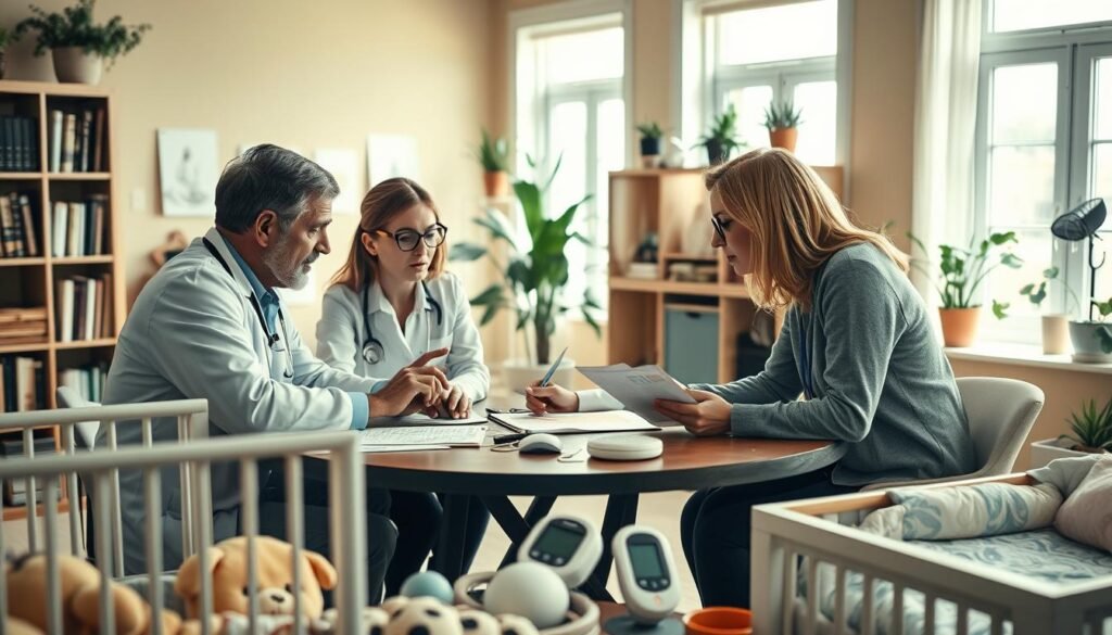 Detailed portrait of a team of child sleep experts engaged in a thoughtful discussion. The foreground shows three professionals - a pediatrician, a child psychologist, and a sleep consultant - seated around a table, leaning in and gesturing as they analyze sleep data and share insights. The middle ground depicts various sleep-related objects like a crib, a toddler bed, and baby sleep monitors. The background is a cozy, warm-toned home office setting with bookshelves, potted plants, and natural light streaming in through windows. The overall mood is one of collaborative problem-solving and deep expertise, conveying the ideal image to accompany the section on expert opinions on infant sleep.