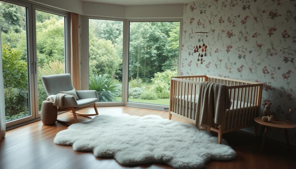 Serene and tranquil nursery room, bathed in soft, diffused lighting from large windows overlooking a lush, verdant garden. A plush, cloud-like rug covers the hardwood floor, inviting barefoot strolls. A cozy armchair sits in the corner, adorned with a knitted throw and a gentle, rocking motion. The walls feature delicate floral wallpaper, creating a soothing, nature-inspired ambiance. A crib with organic, earth-toned linens rests against one wall, surrounded by a mobile of soft, pastel-colored shapes. Gentle chimes sway in the breeze, adding a peaceful, lulling soundtrack to the scene.